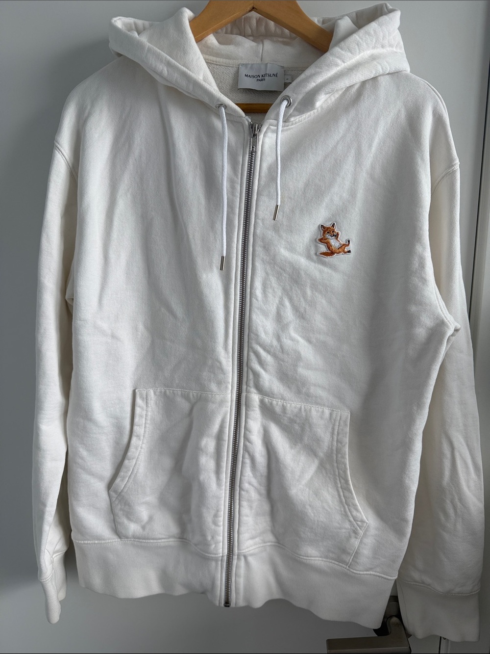 MAISON KITSUNE White Zip-Up Fox Patch Hoodie - Picture 1 of 8